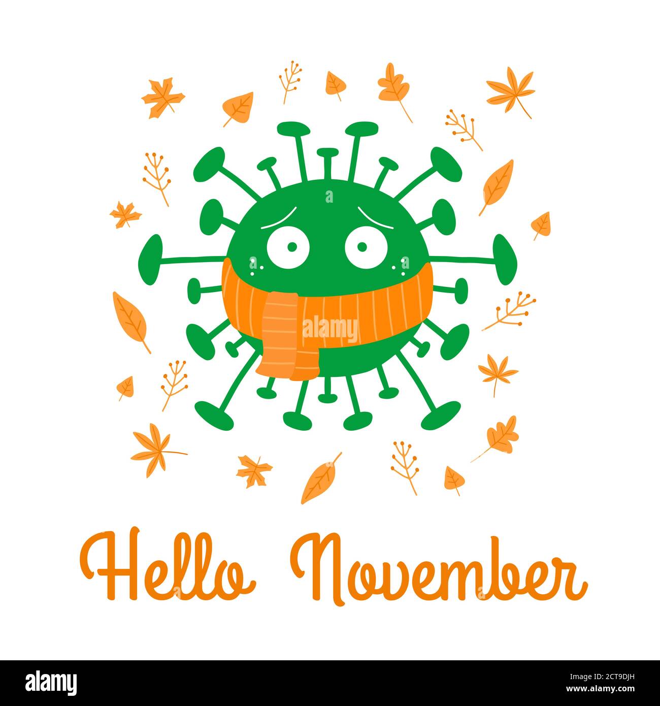 Ciao novembre. Batteri del coronavirus del cartone animato in sciarpa arancione con le foglie dell'autunno. Isolato su sfondo bianco. Illustrazione di stock vettoriale. Illustrazione Vettoriale