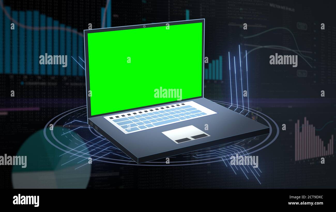 Segnaposto con schermo verde sul simbolo del notebook/notebook con sfondo tecnico con grafici, grafici e dati finanziari aziendali. Foto Stock