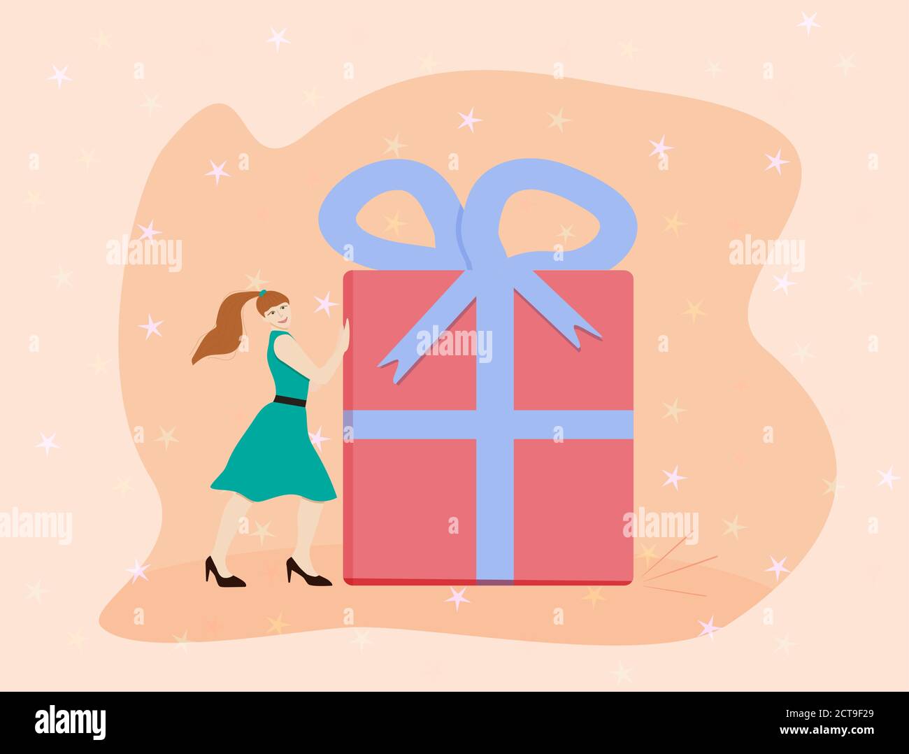 una ragazza con i capelli rossi raccolti in un panino e. in un abito di colore ciano spinge una grande scatola regalo rossa Illustrazione Vettoriale