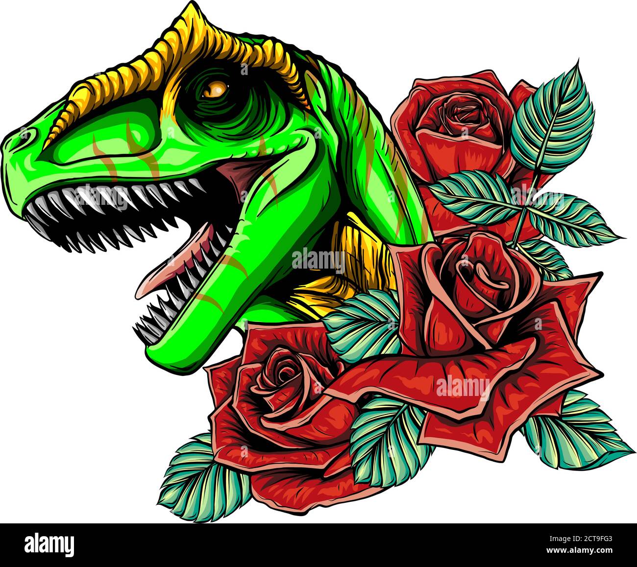 disegno vettoriale di dinosauro e rose. Disegno di arte concettuale. Illustrazione Vettoriale