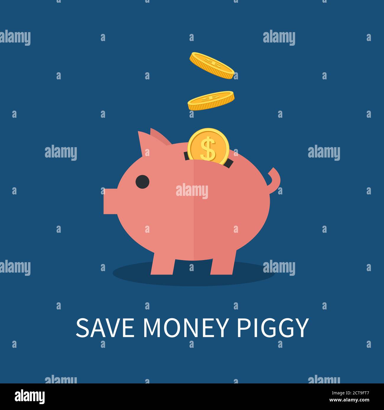 Banca piatta Piggy e monete d'oro. Concetto di risparmio e investimento di denaro. Illustrazione vettoriale piatta per infografiche e web design Illustrazione Vettoriale