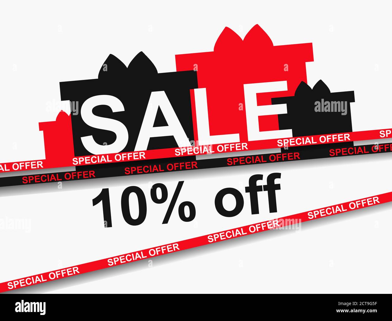 Offerta speciale 10% di sconto. Vendita nastro di nastro e scatole regalo su sfondo bianco. Design Black friday per articoli promozionali, striscioni, volantini e articoli da regalo c Illustrazione Vettoriale