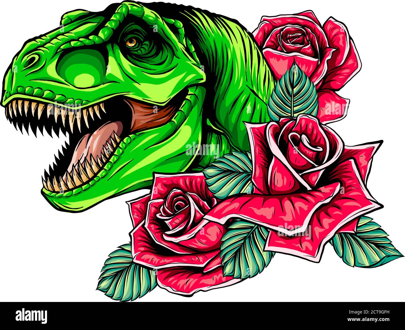 disegno vettoriale di dinosauro e rose. Disegno di arte concettuale. Illustrazione Vettoriale