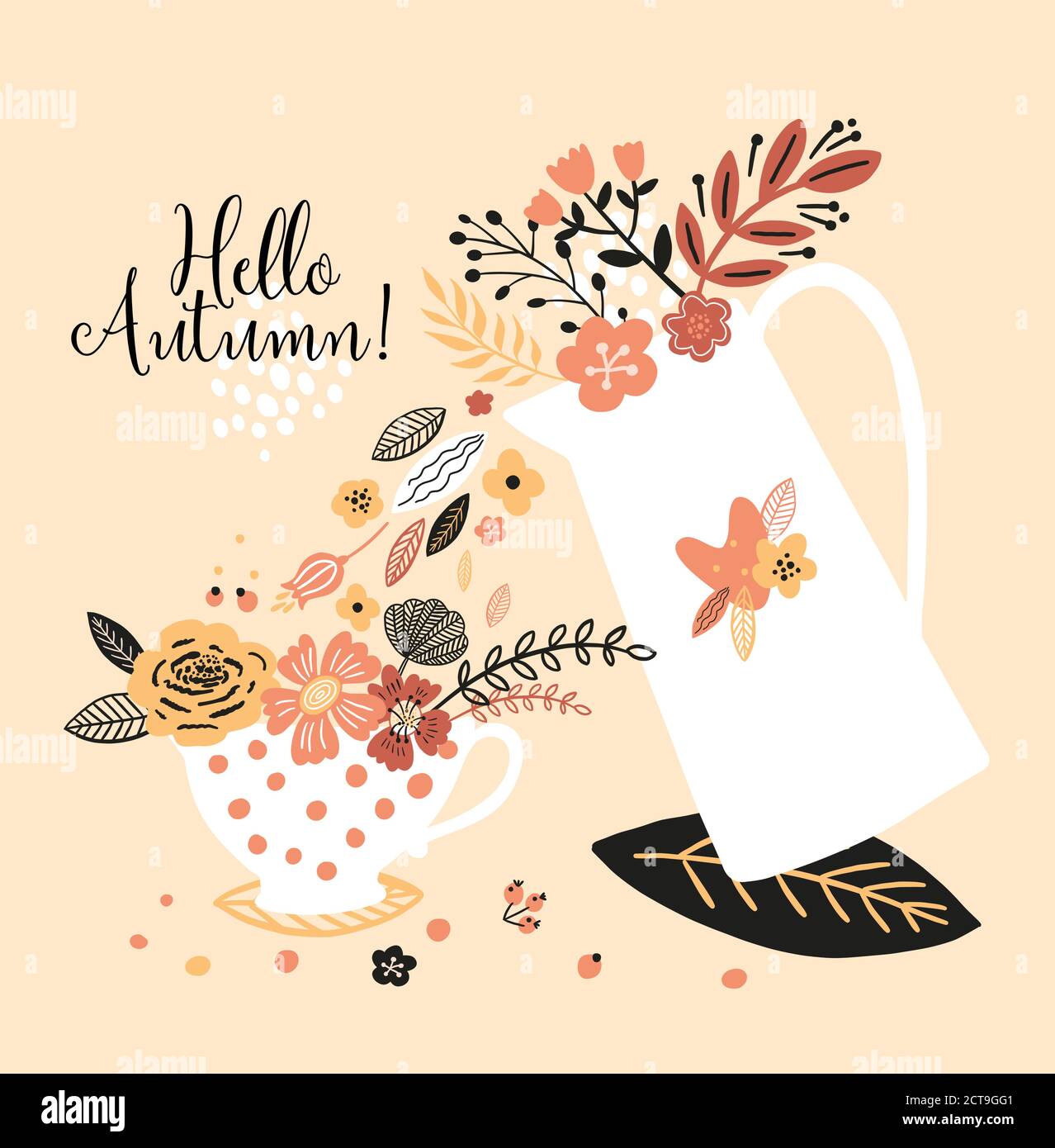 Bella carta autunnale con un bollitore, una tazza, fiori, foglie e con l'iscrizione Ciao autunno. Perfetto per biglietti d'auguri, cartoline, t-shirt Illustrazione Vettoriale