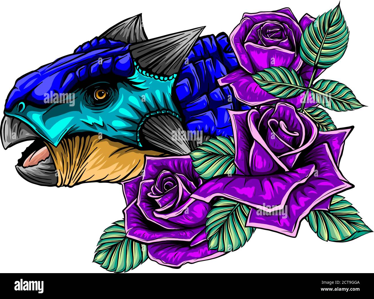 disegno vettoriale di dinosauro e rose. Disegno di arte concettuale. Illustrazione Vettoriale