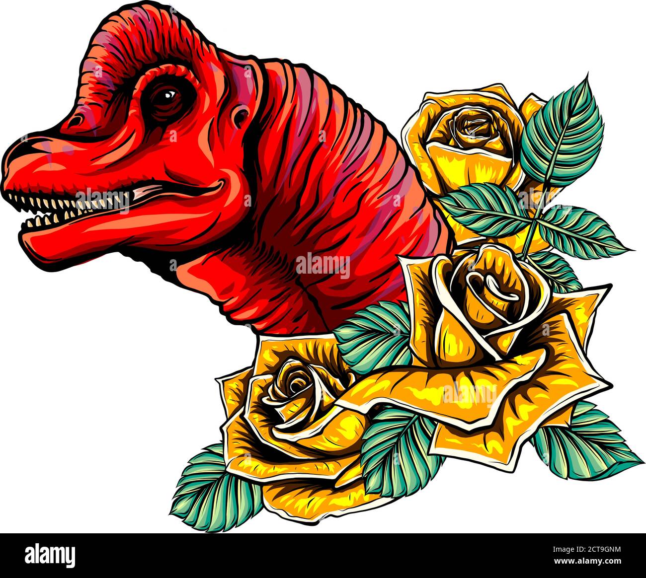 disegno vettoriale di dinosauro e rose. Disegno di arte concettuale. Illustrazione Vettoriale