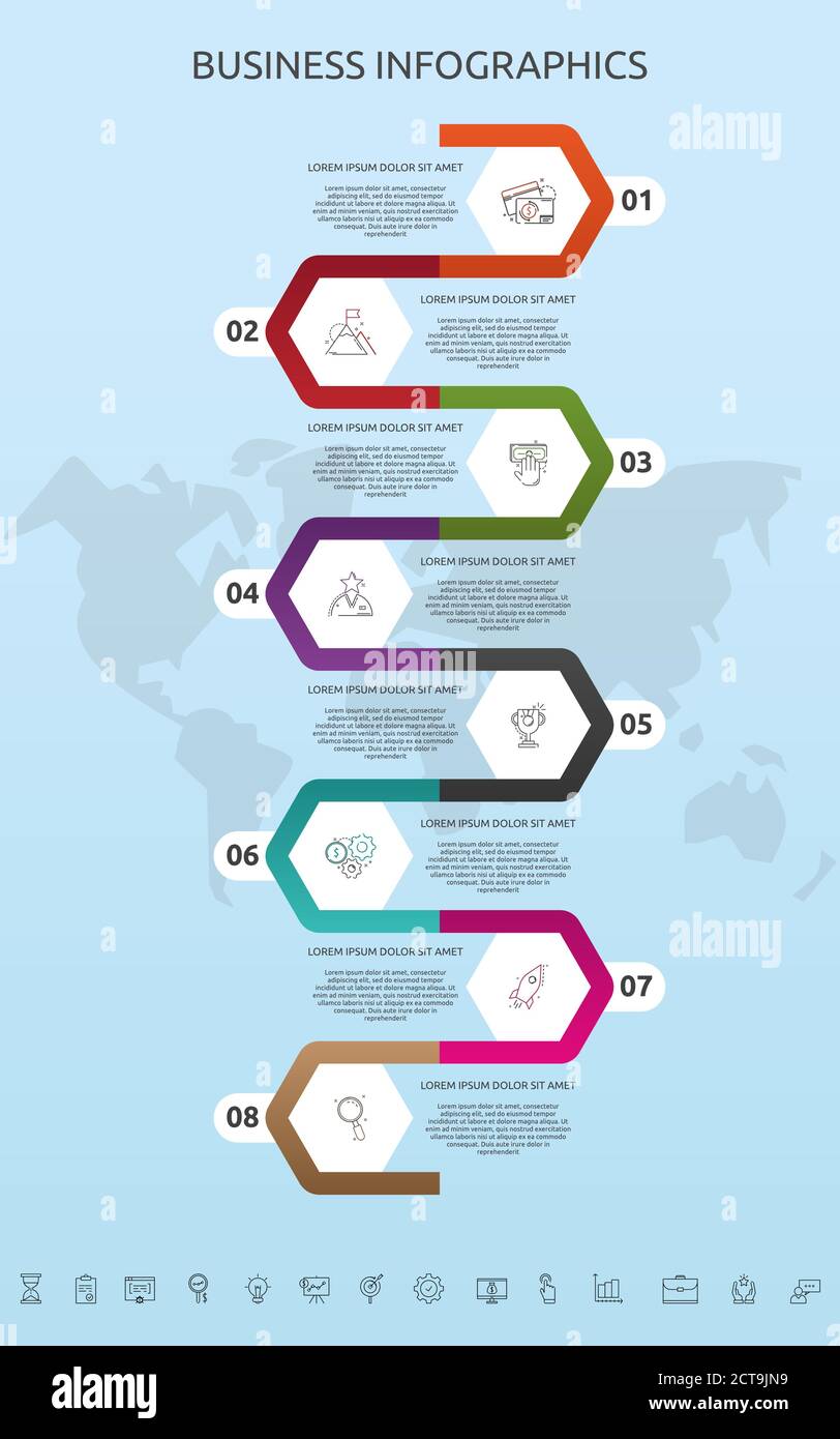 Esagoni del modello infografico vettoriale per otto icone, diagramma, grafico, presentazione. Concetto aziendale con 8 passaggi. Per contenuti, diagrammi di flusso, timeline Illustrazione Vettoriale