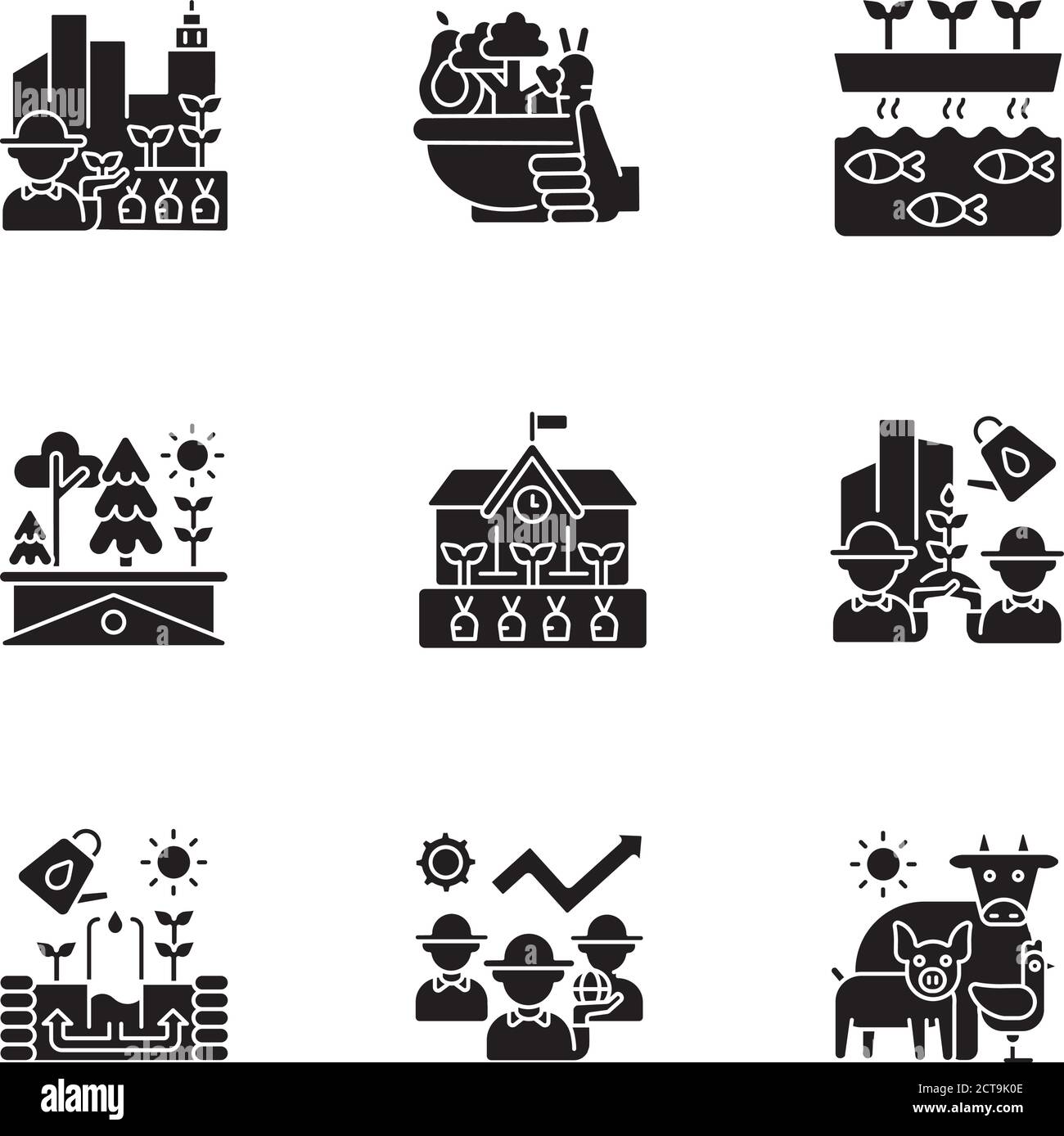 Business agricolo piano design glifo ombra lungo set di icone Illustrazione Vettoriale