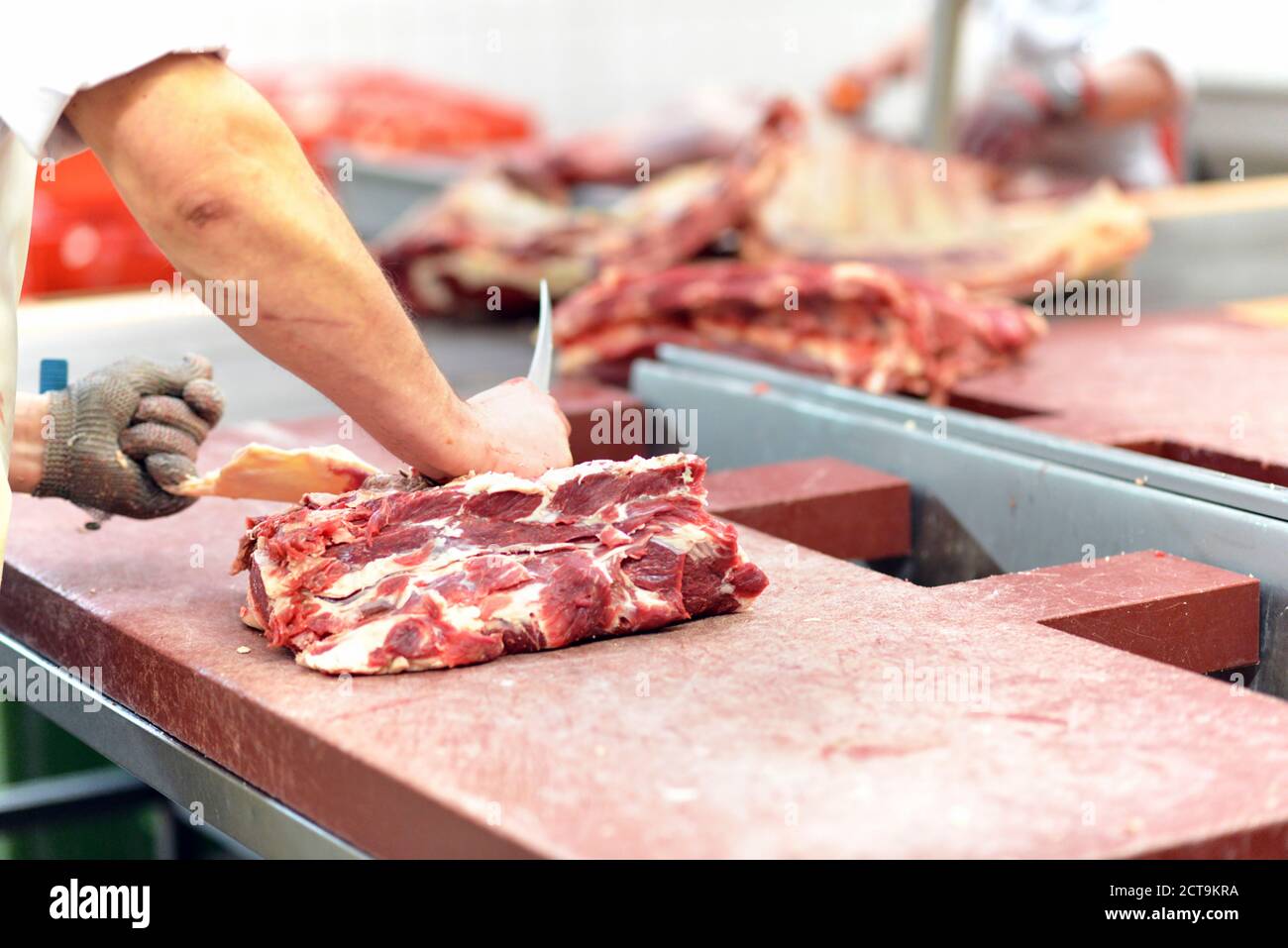 Lavoratore in una fabbrica di preparazione di carne Foto Stock