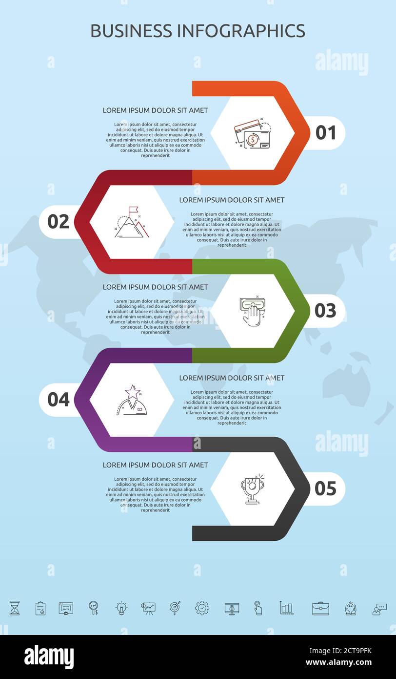 Esagoni del modello infografico vettoriale per cinque icone, diagramma, grafico, presentazione. Concetto aziendale con 5 passaggi. Per contenuto, diagramma di flusso, flusso di lavoro Illustrazione Vettoriale