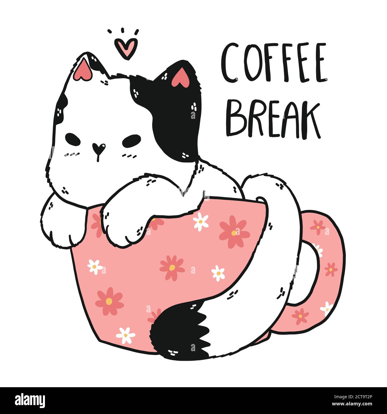 carino gatto bianco in daisy rosa tazza di caffè, pausa caffè, adorabile doodle kitty clip art, vettore piatto, idea per scrapbooking, stampabile, saluto ca Illustrazione Vettoriale