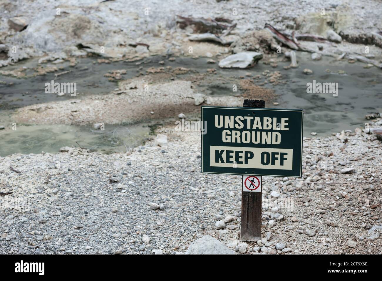 Nuova Zelanda, Isola del nord, Baia di Planty, Rotorua, Wai-O-Tapu, piastra di istruzioni Foto Stock