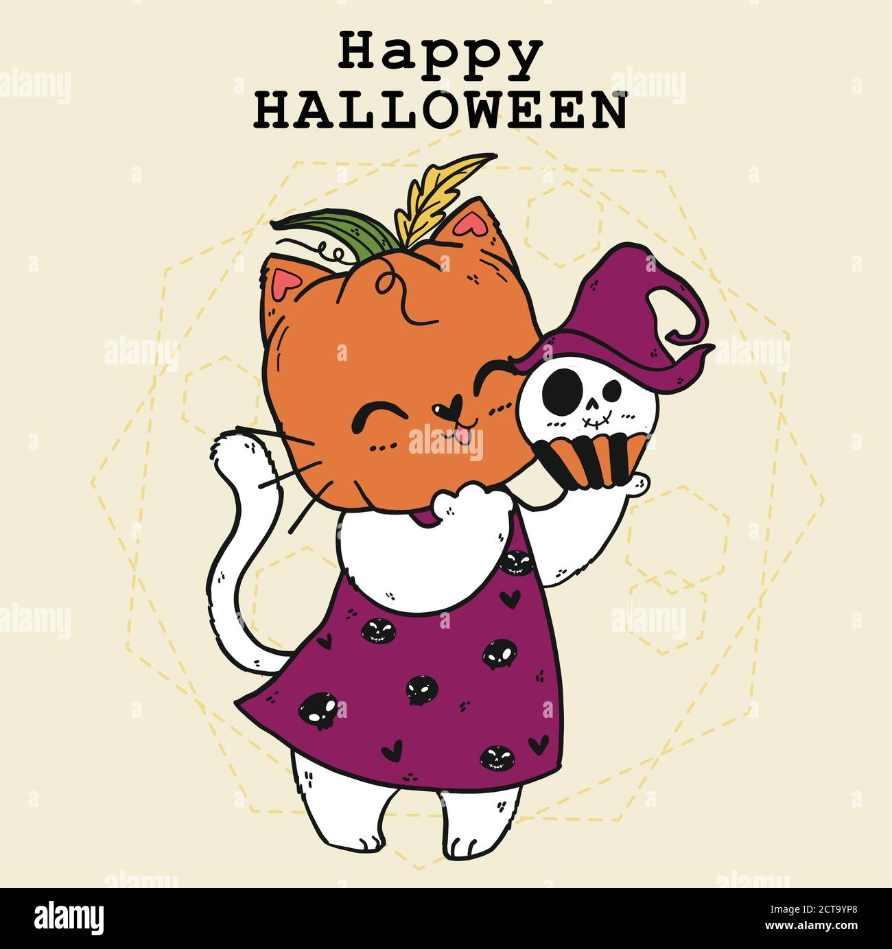 Cute doodle felice gatto bianco con craved testa di zucca, trucco o trattare, costume di Halloween, arancione di autunno, idea per biglietto di auguri, limatazione tagliata di limatazione, Illustrazione Vettoriale