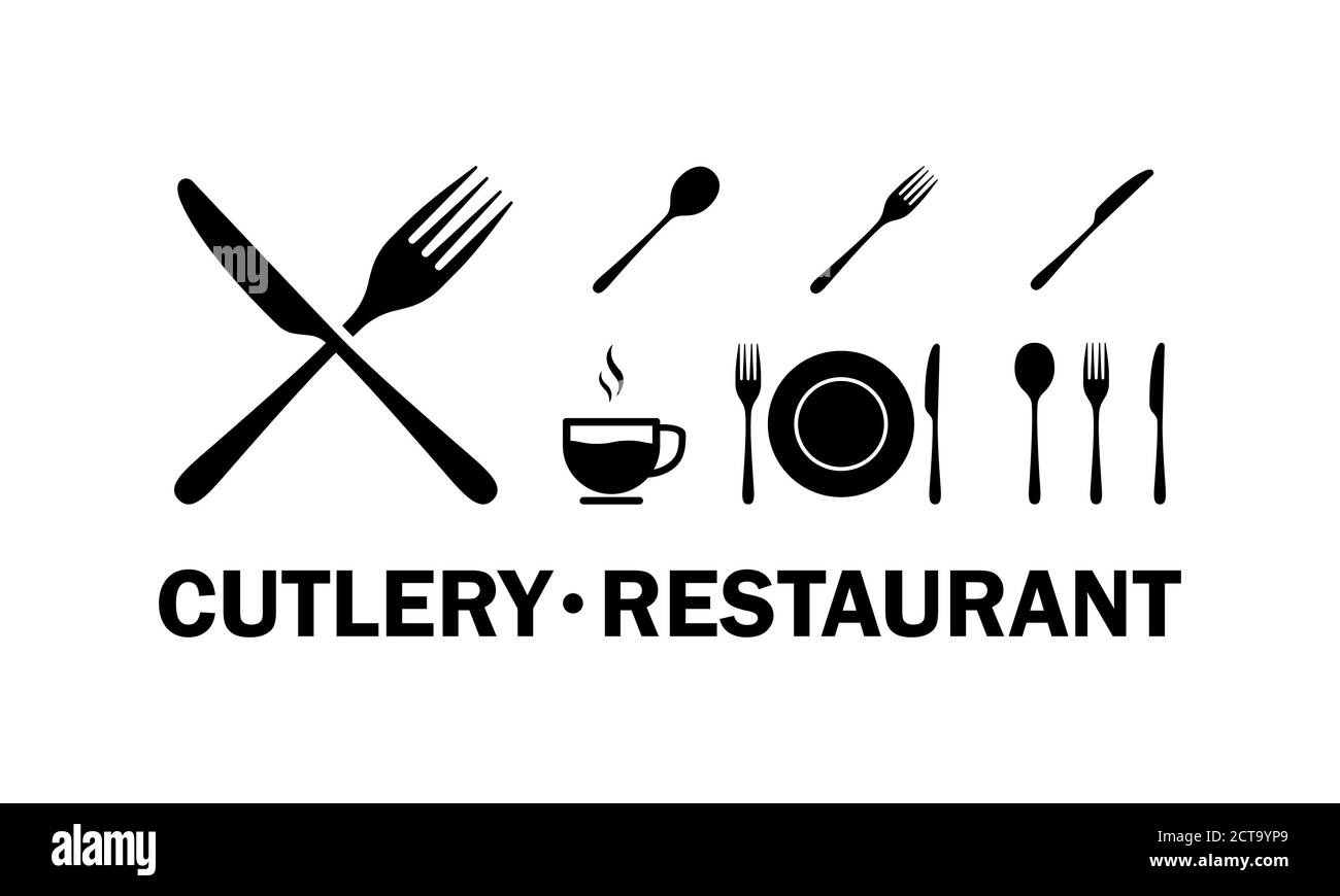 Posate nell'icona del ristorante in nero. Coltello, forcella, cucchiaio, scodellino, piastra. Vettore su sfondo bianco isolato. EPS 10 Illustrazione Vettoriale