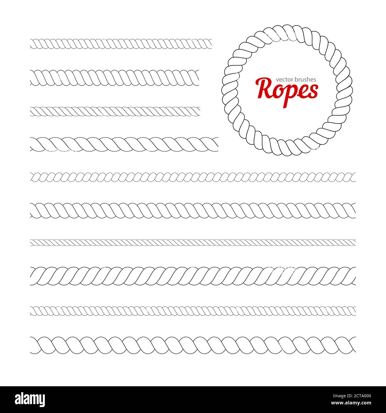 Profilo vettoriale corda nautica sottile e spessa per l'uso come pennello. Fune Navy per bordo o cornice in linea. Corda ritorta per lasso o mar Illustrazione Vettoriale