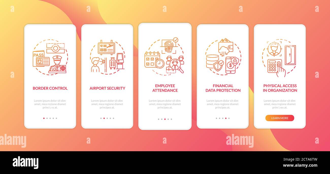 I dati biometrici utilizzano la schermata della pagina delle app mobili di onboarding con i concetti Illustrazione Vettoriale