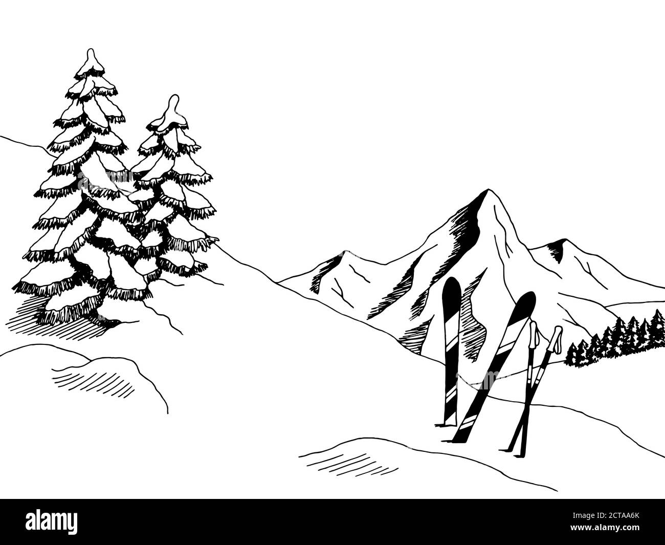 Sci alpino grafica arte bianco nero disegno paesaggio vettore illustrazione Immagine e Vettoriale - Alamy