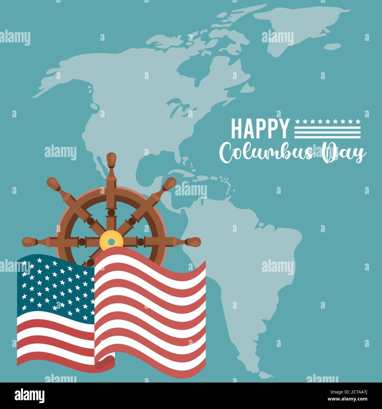 festeggiamenti felici di columbus con il timone della nave e il continente americano disegno dell'illustrazione vettoriale della mappa Illustrazione Vettoriale