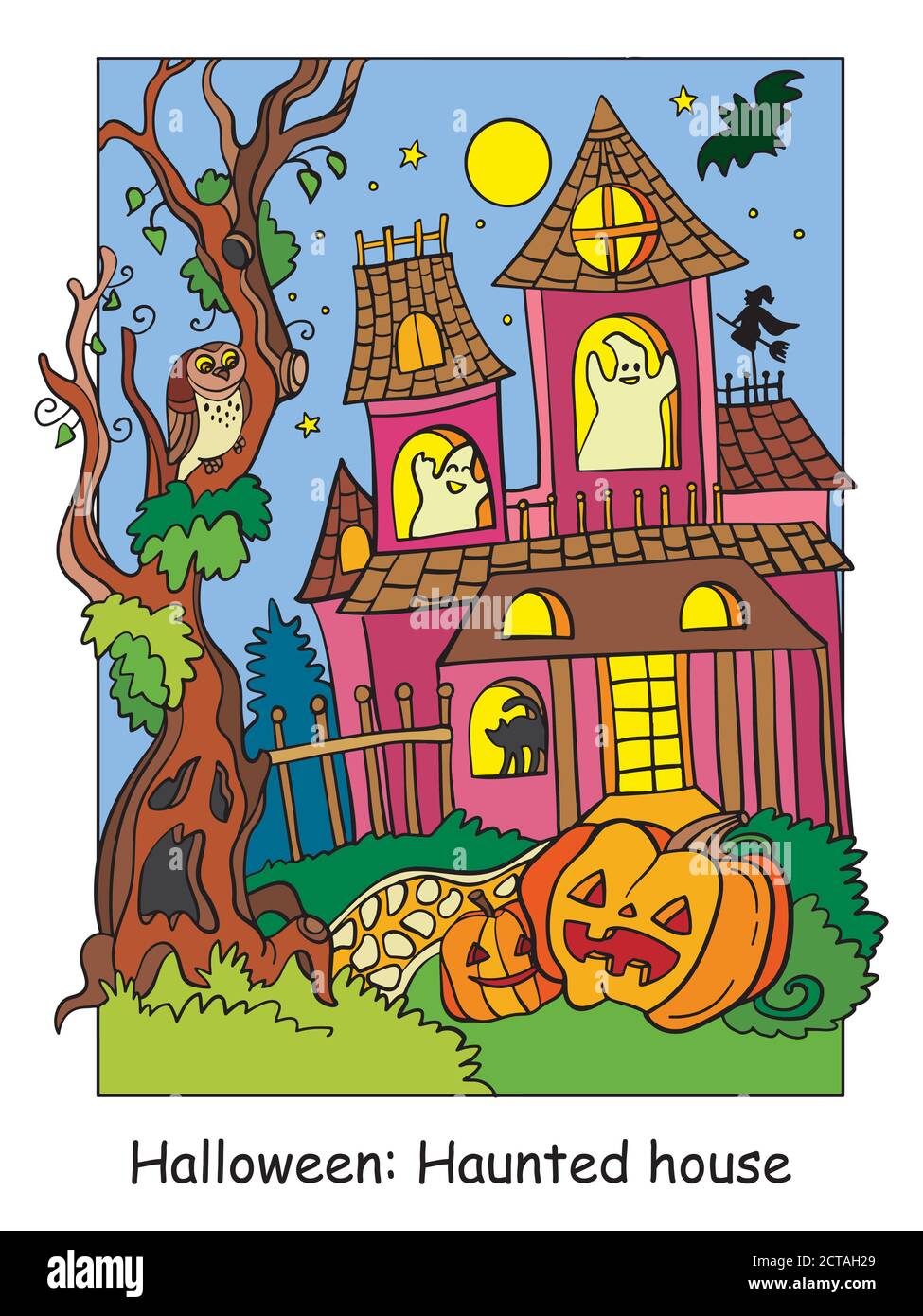 Casa colorata Halloween spaventosa infestata di notte Illustrazione Vettoriale