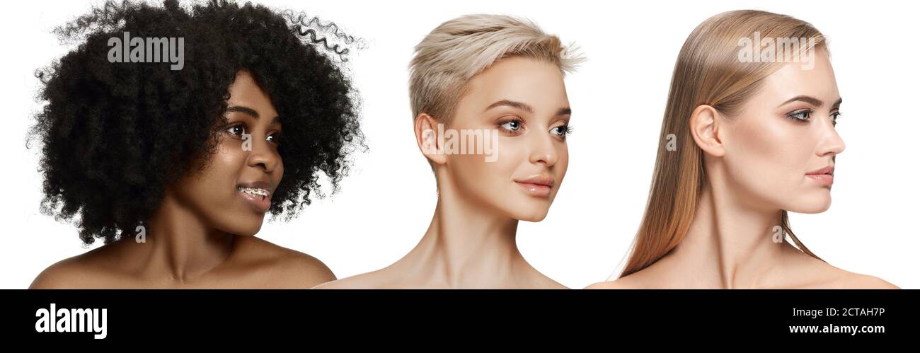 Bellezza multietnica. Diversa etnia e belle giovani donne isolate su sfondo bianco. Volantino per l'annuncio. Concetto di bellezza, moda, salute, cura della pelle. Interrazziale e multiculturalismo. Foto Stock