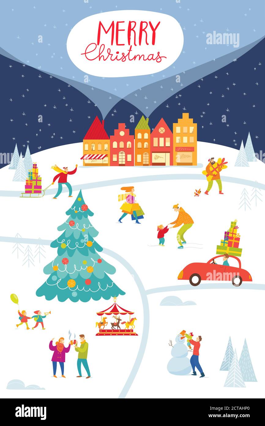 Poster del mercatino di Natale con la città e le persone che svolgono attività invernali. Illustrazione Vettoriale