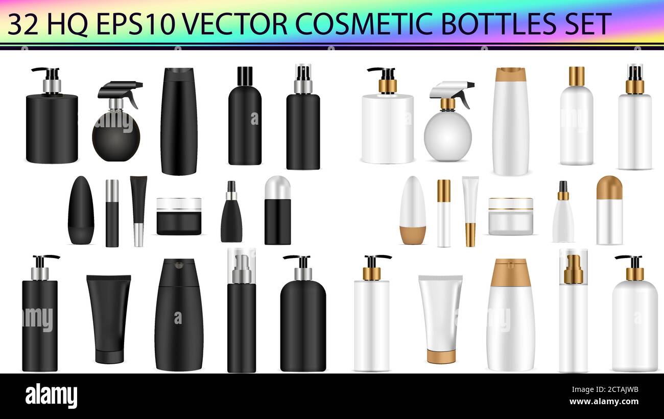Set di mockup per bottiglie in bianco e nero. Illustrazione vettoriale maschere vuote in bianco e nero vaschette di plastica vuote: Bottiglie con spray, dispenser e. Illustrazione Vettoriale