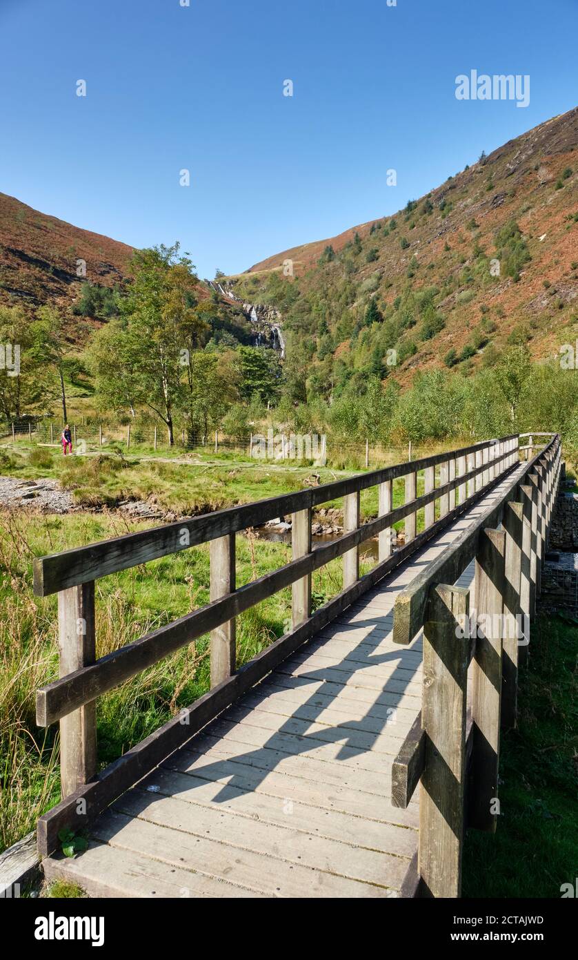Un ponte che attraversa l'Afon Eiddew verso la cascata Pistyll Rhyd-y-mainciau al lago Vyrnwy, Powys, Galles Foto Stock