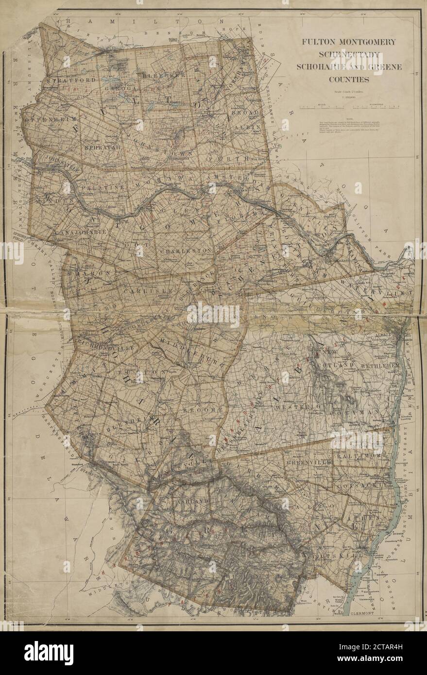 New York state, Double Page Plate No. 11 Mappa delle contee di Fulton, Montgomery, Schenectady, Schoharie e Greene, Still Image, Atlases, 1895 Foto Stock