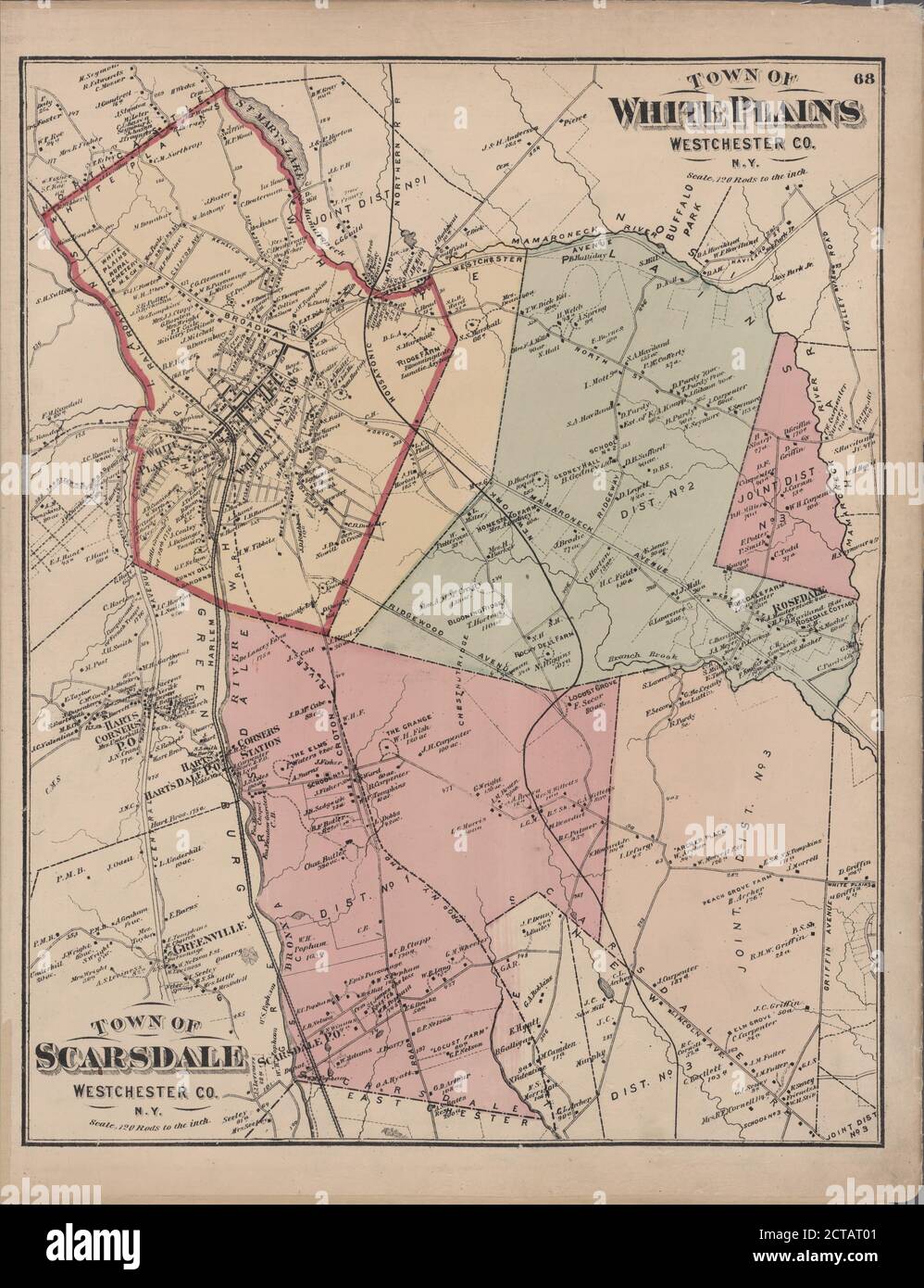 Plate 68: Città di White Plains, Westchester Co. N.Y. - Città di Scarsdale, Westchester Co. N.Y., fermo immagine, Atlases, 1872 Foto Stock
