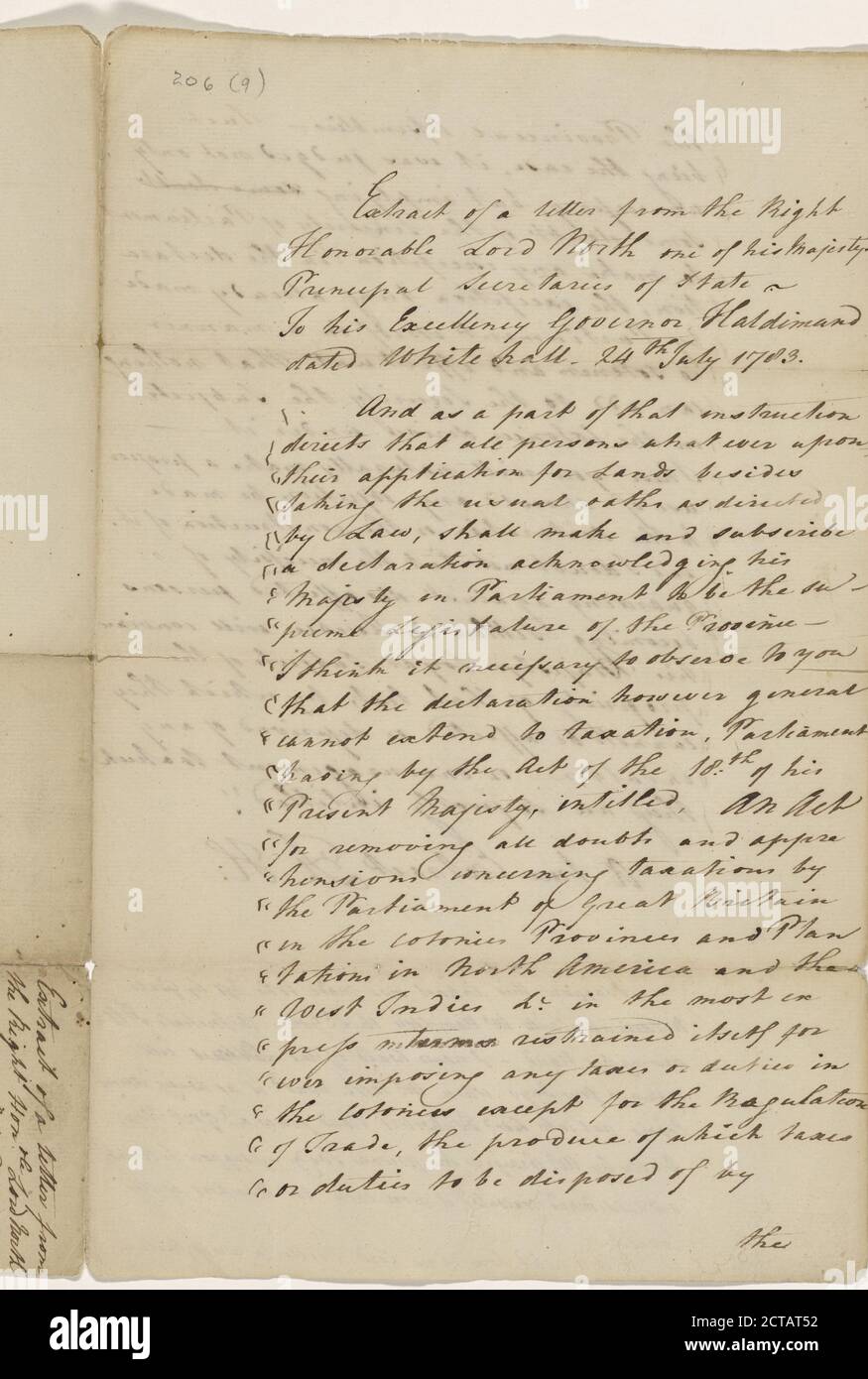 Estratto di una lettera da Lord Frederick North al Governatore Frederick Haldimand, testo, documenti, 1783 Foto Stock