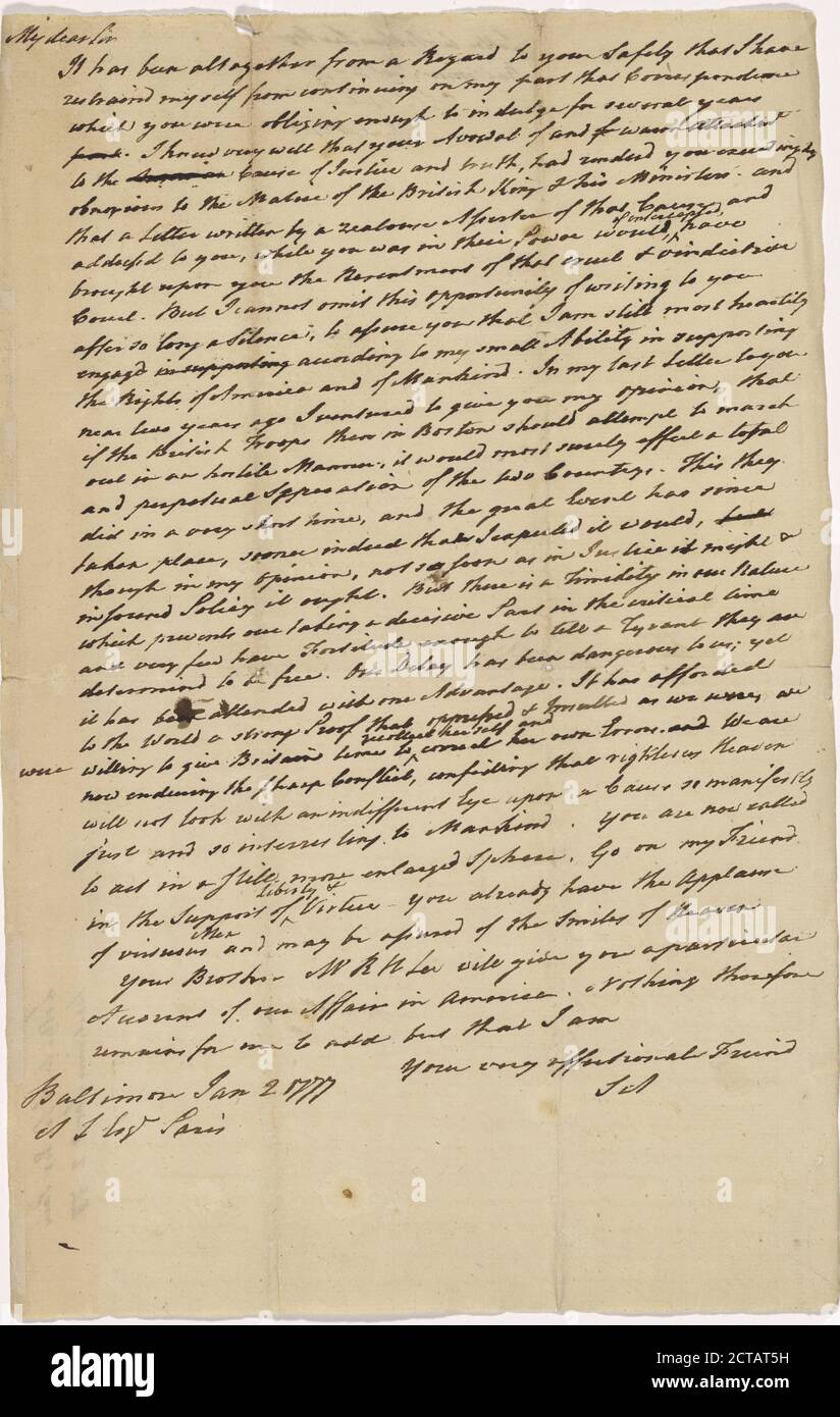 Lettera di Arthur Lee, testo, corrispondenza, 1777 Foto Stock