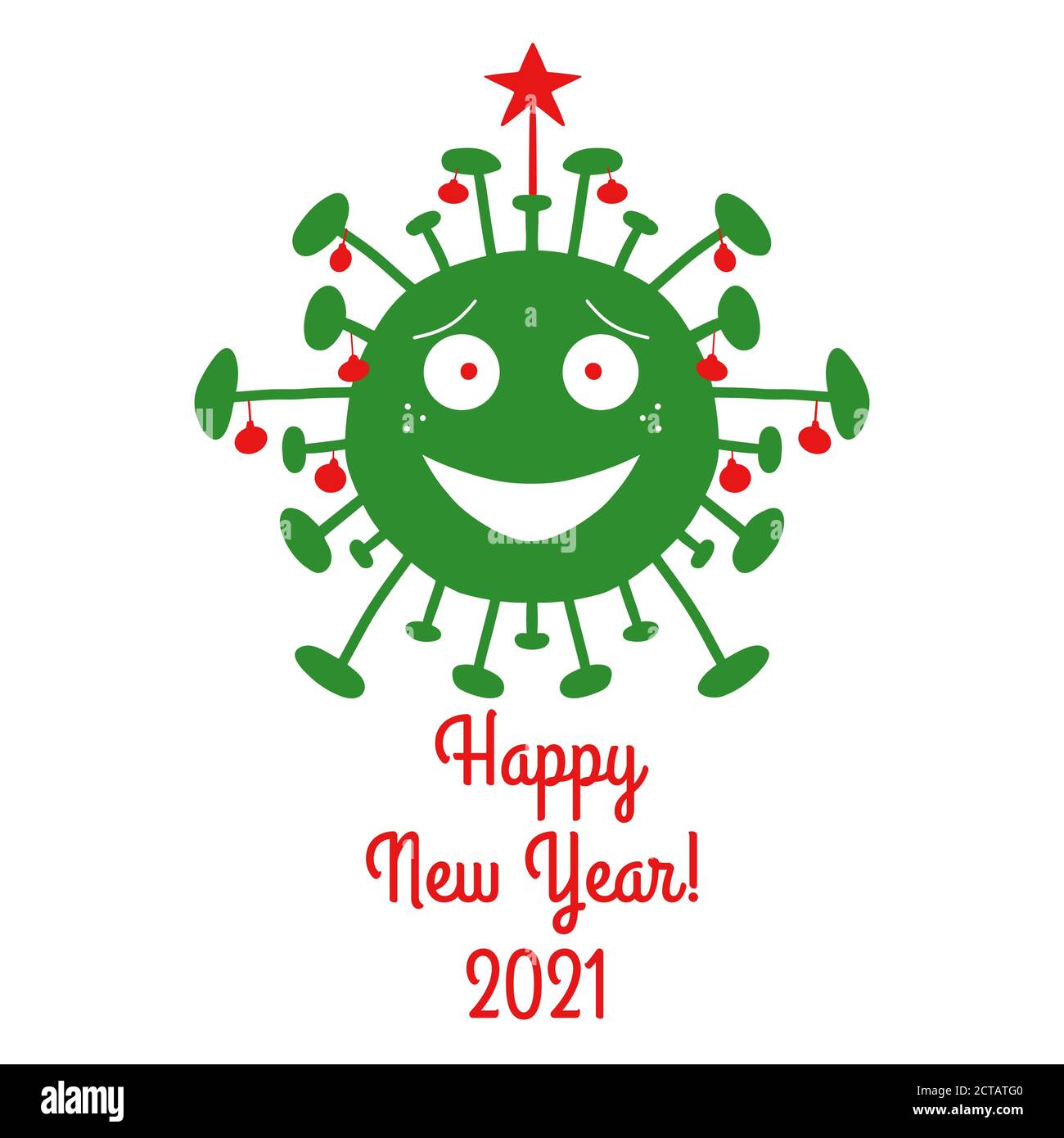 Felice anno nuovo 2021. Batteri del coronavirus del cartone animato verde con le sfere rosse dell'albero di natale e la stella sulla parte superiore. Isolato su sfondo bianco. Vettore Illustrazione Vettoriale