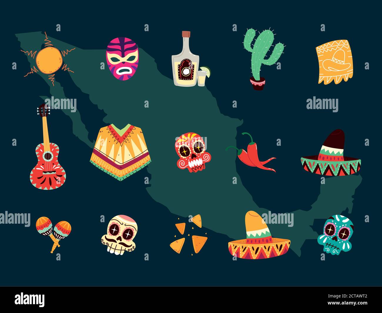 set di simboli messicani, icone di celebrazione messicane disegno vettoriale Illustrazione Vettoriale