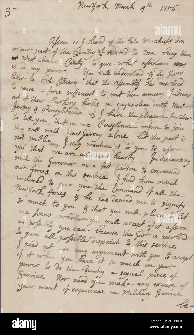 Lettera a Beamsley Glazier., testo, documenti, 1756, Colden, Cadwallader Foto Stock