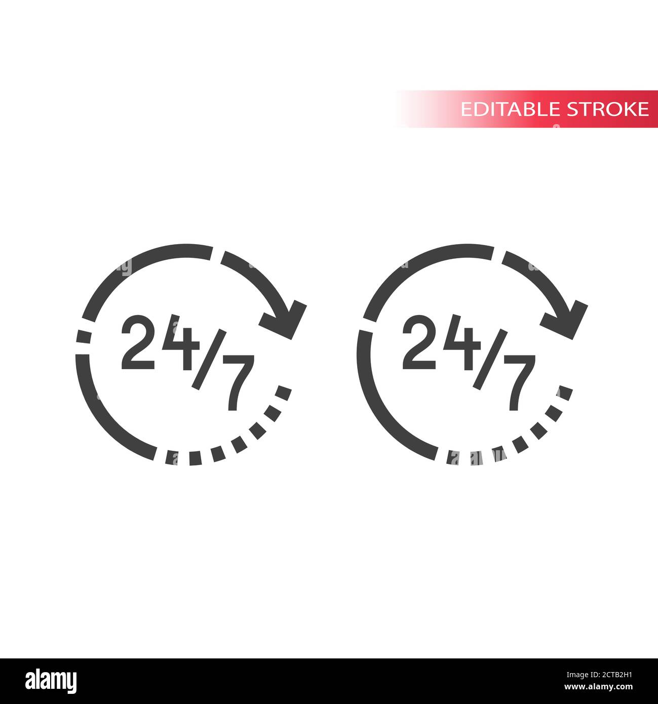 Icona del vettore di linea sottile del servizio non-stop. 24/7 simbolo della freccia circolare non-stop, tratto modificabile . Illustrazione Vettoriale