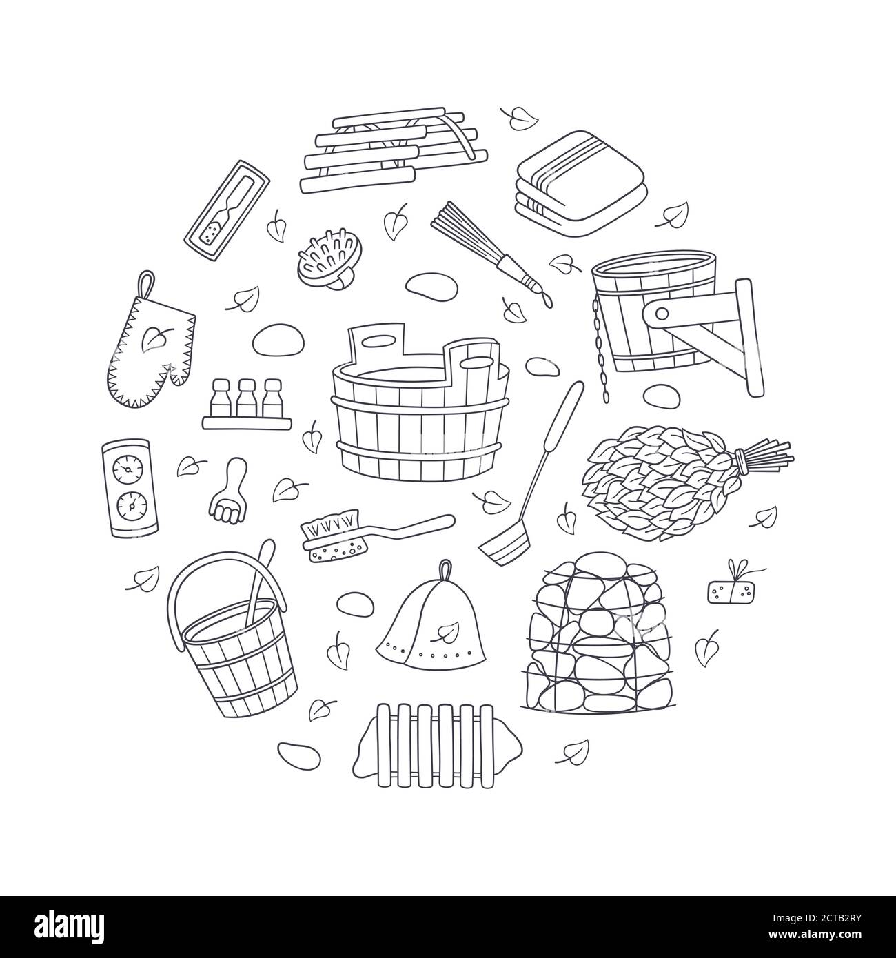 Set di accessori per bagno e sauna disegnati a mano. Vasca e scopa di betulla, porta-pentole e cappello, termometro, massaggiatore e altro. Illustrazione vettoriale Illustrazione Vettoriale