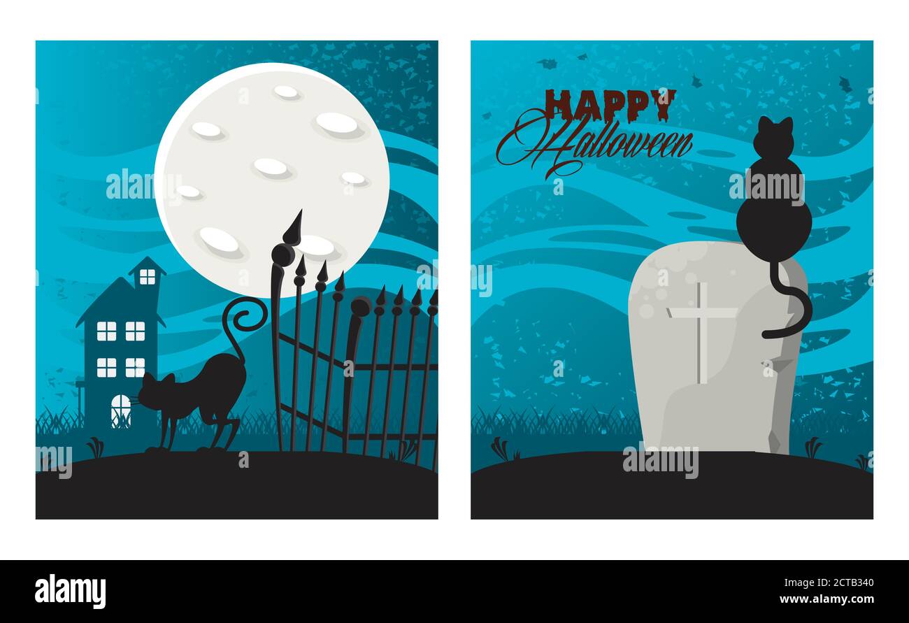 happy halloween celebrazione carta con casa infestata e gatti in disegno di illustrazione vettoriale del cimitero Illustrazione Vettoriale