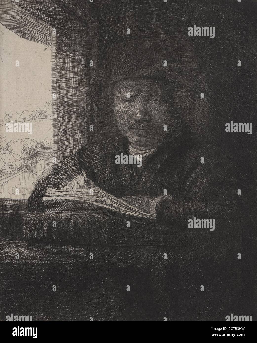 Disegno autoritratto in una finestra, immagine fissa, stampe, 1648, Rembrandt Harmenszoon van Rijn, 1606-1669 Foto Stock
