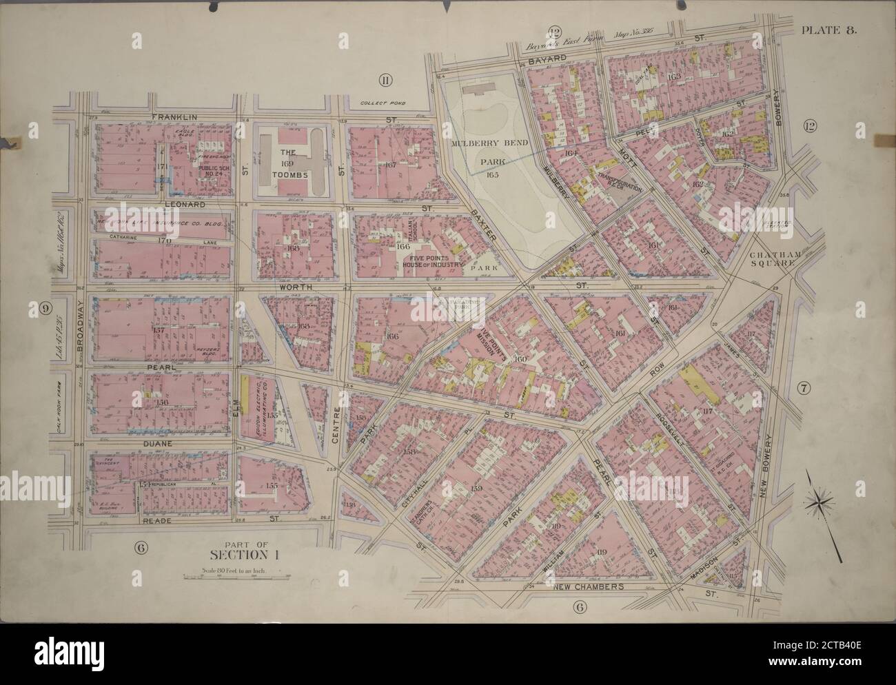 Piastra 8, parte della sezione 1: Delimitata da Franklin Street, Bayard Street, Bowery, Chatham Square, New Bowery, Madison Street, New Chambers Street, William Street, Duane Street, Reade Street e Broadway, cartografia, Maps, 1899, Bromley, Walter Scott, Bromley, George Washington Foto Stock