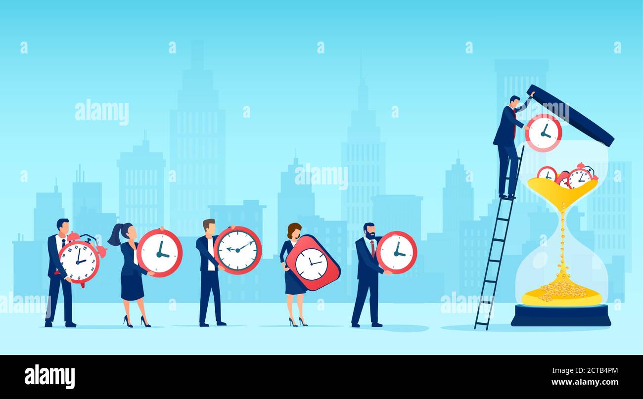 Il tempo è concetto di denaro. Vettore di uomini d'affari che trasformano l'orologio da parete in monete d'oro Illustrazione Vettoriale