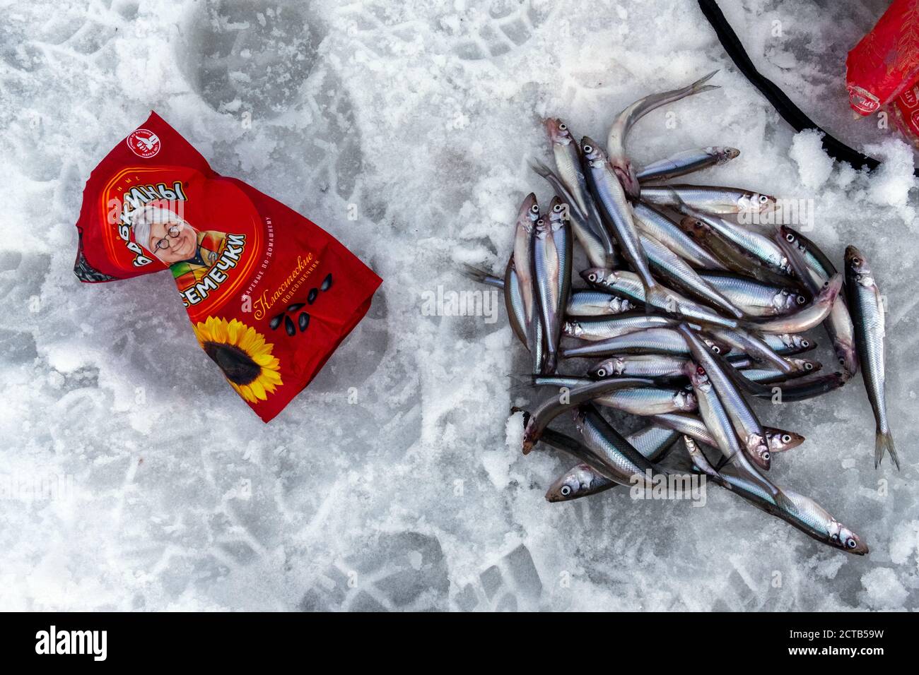 pesce e famosi spuntini russi impacchettando sul fiume congelato, su ghiaccio Foto Stock