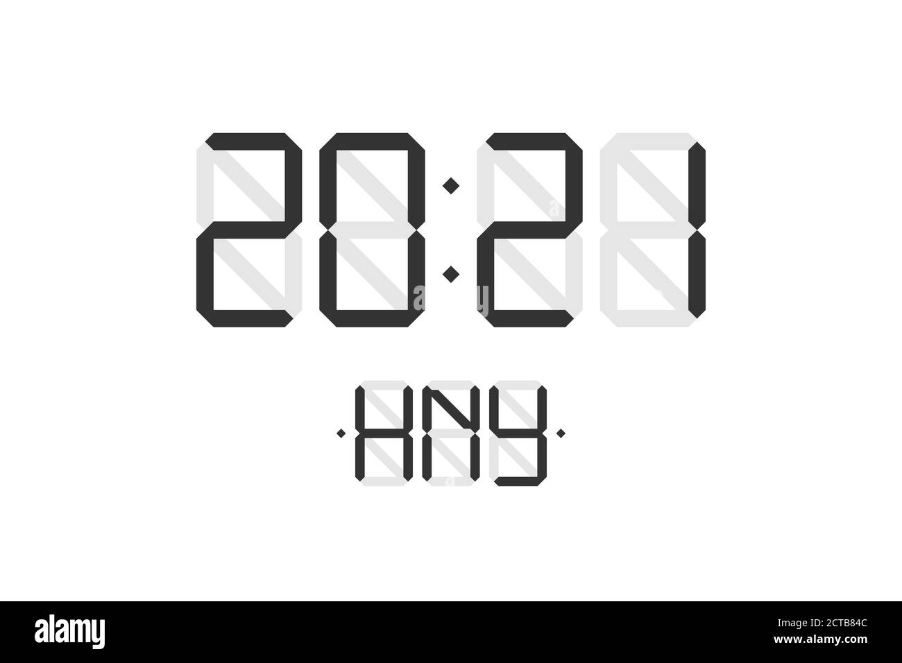 Happy New Year xmas Holiday Card con display digitale lcd elettronico orologio numero 2021 e lettere nere HNY su sfondo bianco. Buon Natale celebrazione saluto calendario vettore illustrazione Illustrazione Vettoriale
