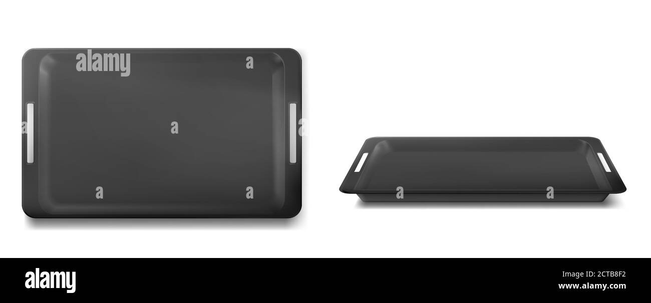 Vassoio di cibo nero vuoto per il pranzo in ristorante o mensa. Mockup vettoriale realistico di un saler in plastica rettangolare vuoto con maniglie vista frontale e vista dall'alto isolate su sfondo bianco Illustrazione Vettoriale
