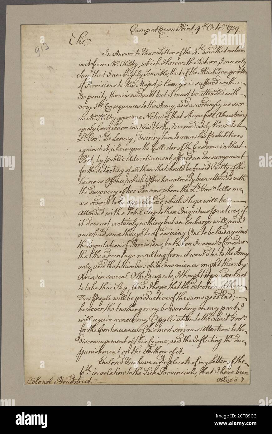 Amherst, Jeffrey. Punto corona N.Y.. A col. John Bradstreet, testo, documenti, 1759 Foto Stock