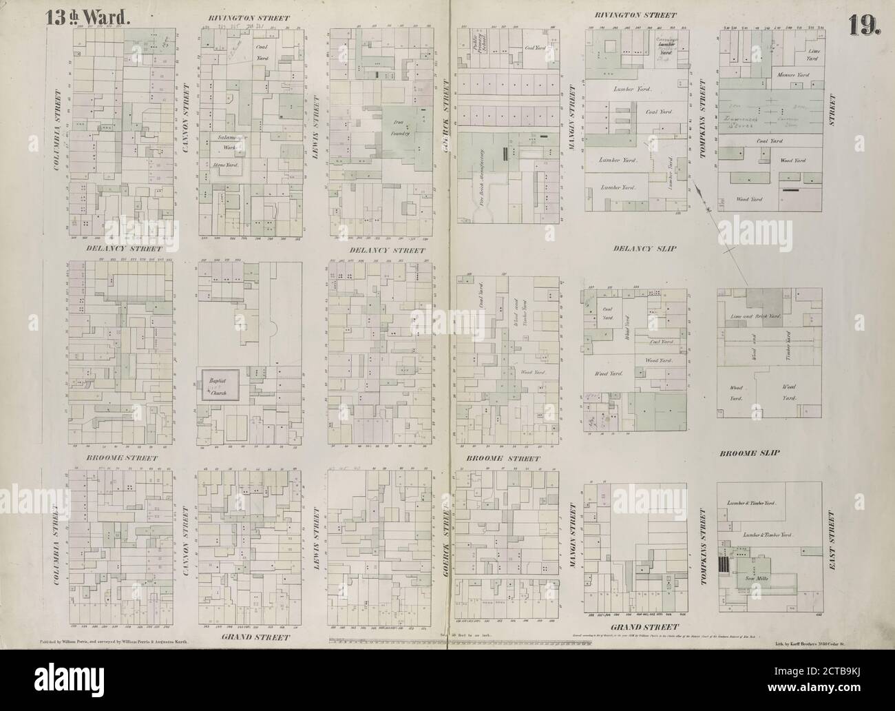 Piatto 19: Mappa delimitata da Rivington Street, East Street, Grand Street, Columbia Street, cartografia, Mappe, 1852, Perris, William Foto Stock