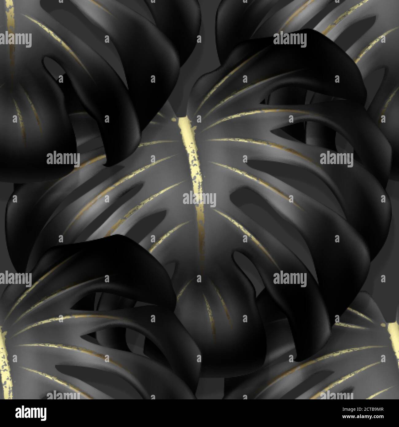 Motivo senza cuciture con grande foglia di monstera nera con vene d'oro. Primo piano. Nello stile del minimalismo, illustrazione realistica su uno sfondo scuro. Ve Illustrazione Vettoriale