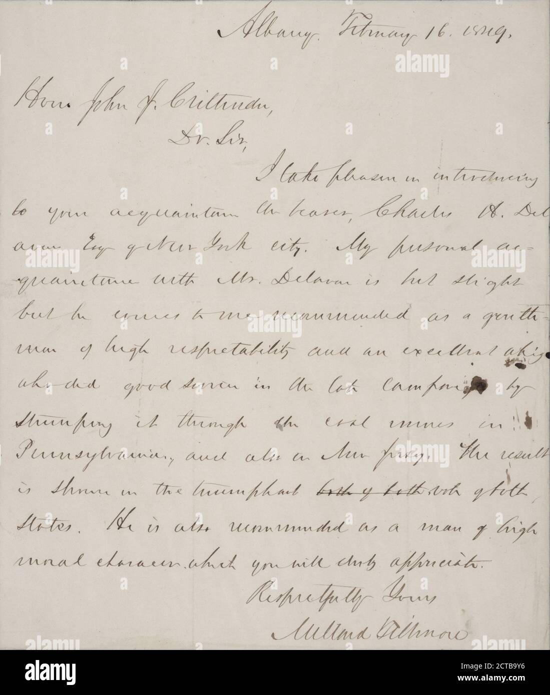 Lettera a John Jordan Crittenden, testo, documenti, 1849, Fillmore, Millard Foto Stock