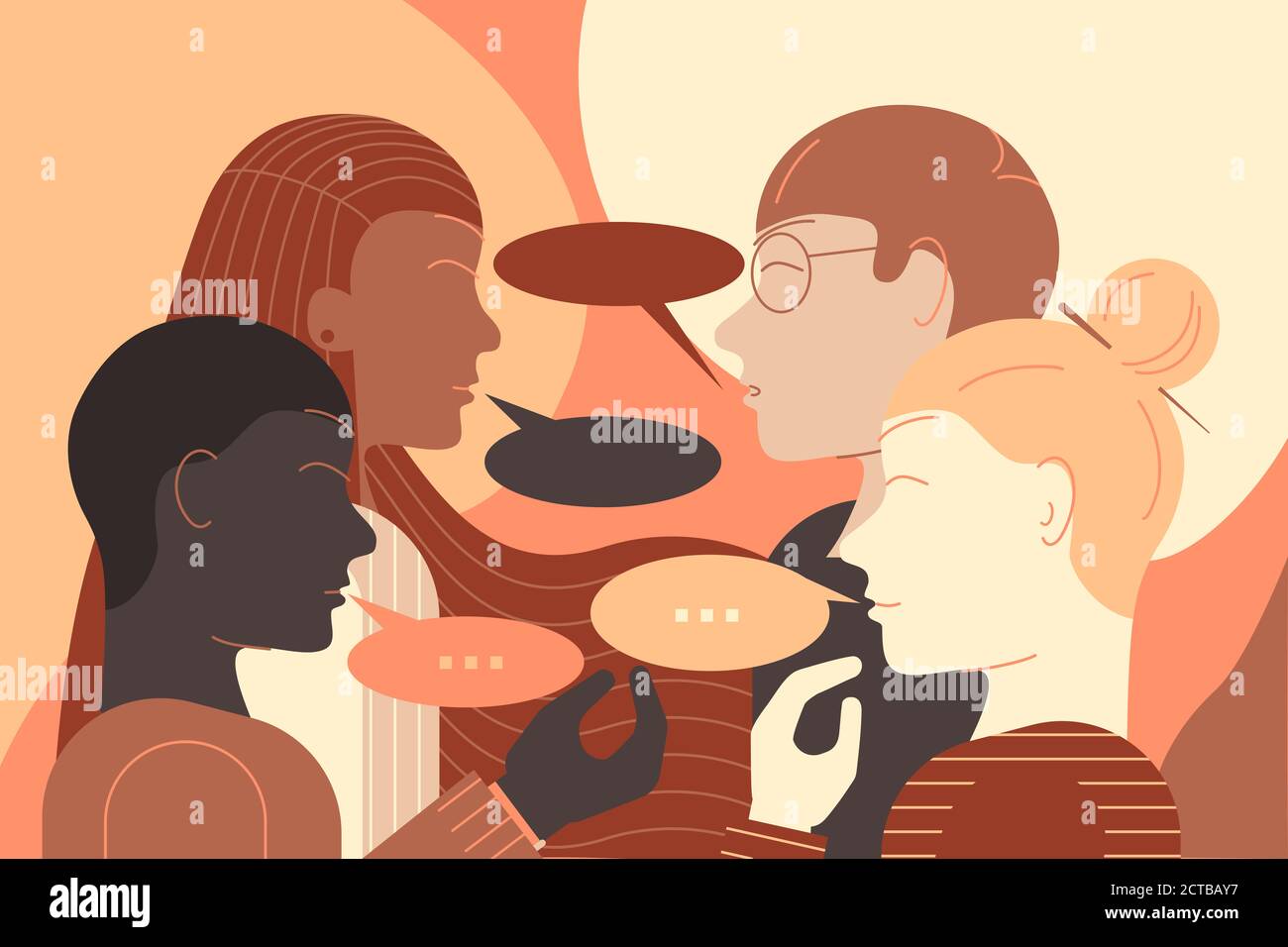 Illustrazione di un gruppo di giovani di diverse etnie che hanno una conversazione faccia a faccia. Illustrazione del design piatto. Foto Stock