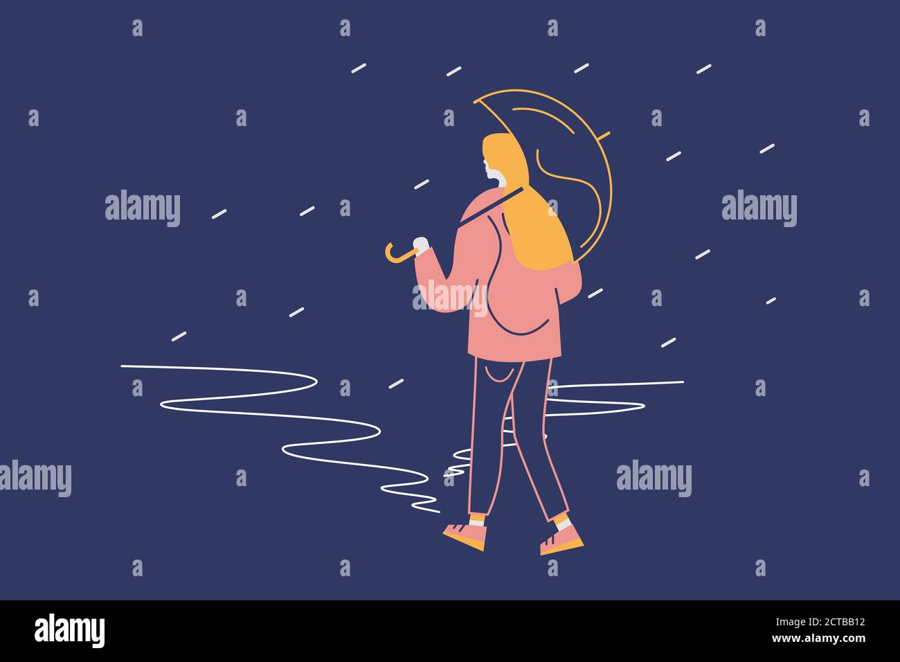 Giovane personaggio femminile che cammina sotto la pioggia con ombrello davanti a due sentieri. Concetto decisionale. Disegno piatto illustrazione moderna. Foto Stock