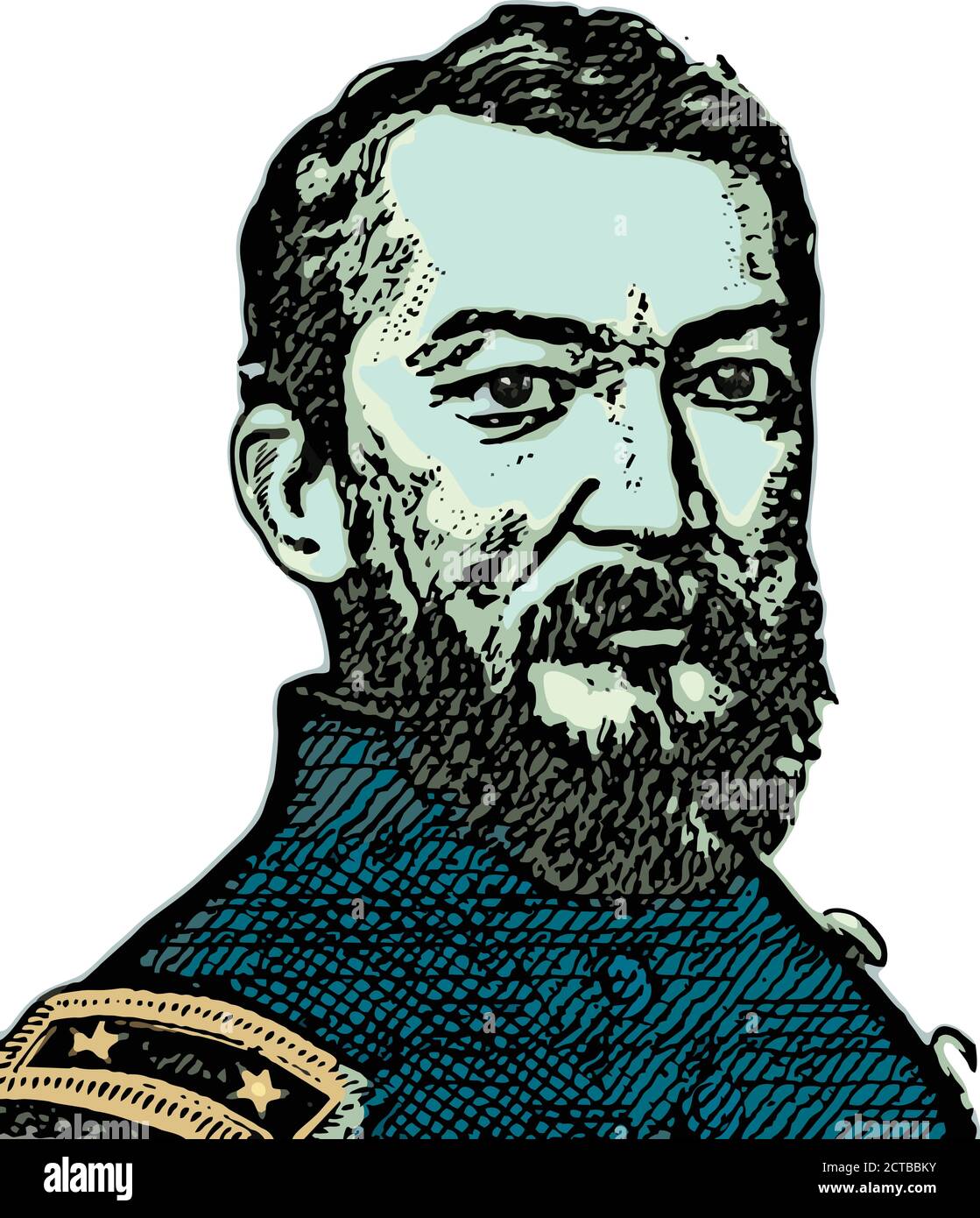 Ritratto vettoriale del generale Sheridan. Philip Henry Sheridan (1831 – 1888) è stato un ufficiale dell'esercito degli Stati Uniti e un generale dell'Unione nel C americano Illustrazione Vettoriale